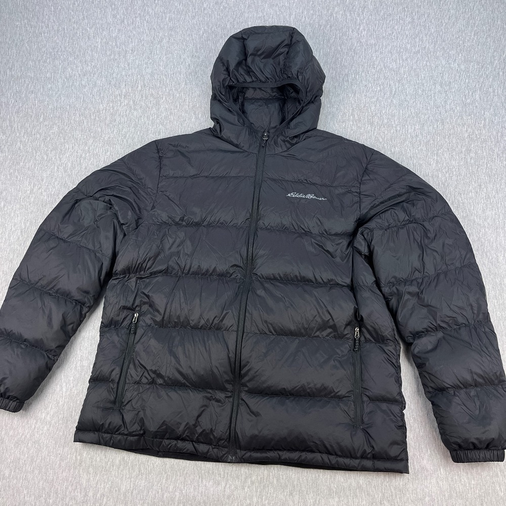 Eddie Bauer Down Puffy Hooded Jacket Mens XL Black EB650 Fill Wide Baffle NICE